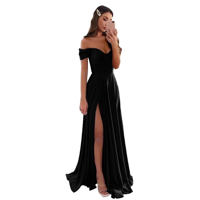 Vestido de fiesta GODCUN satinado con hombros descubiertos y abertura en A negro