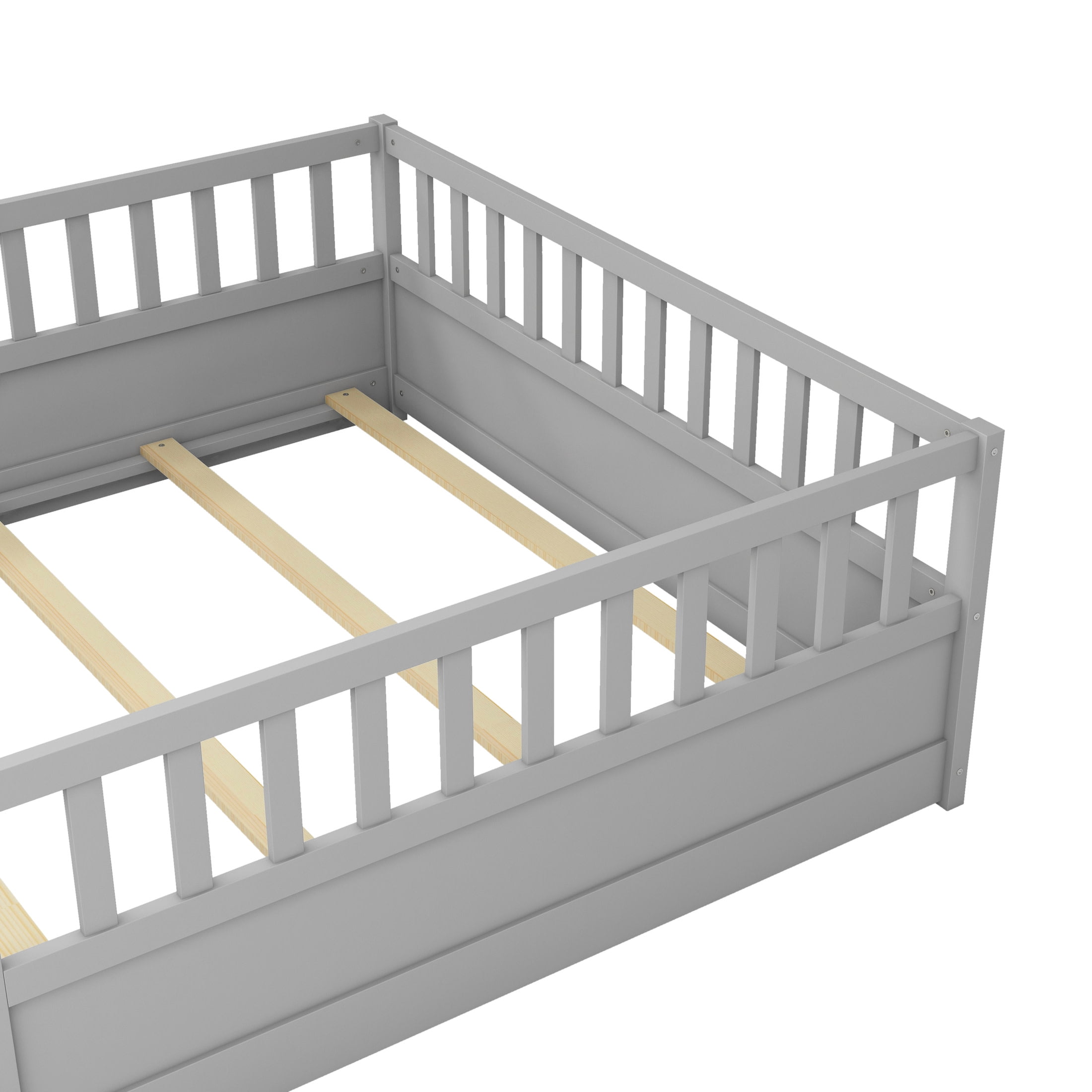 Noble House Full Size Montessori Floor Bed with Guardrails and Door, Wood Kids Bed Frame, Gray