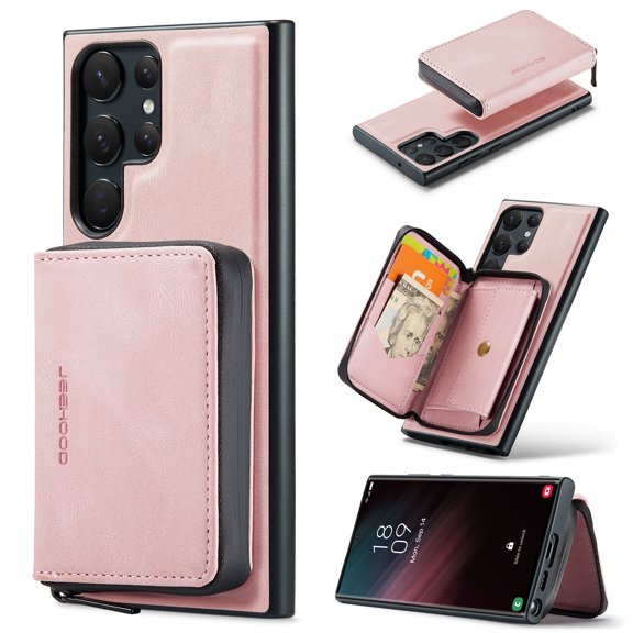 Wallet Case for Samsung Galaxy S25 Ultra, Removeable Zipper Pocket Back Case with Card Holder, PU Leather Drop Protective Cover Case with Kickstand for Samsung Galaxy S25 Ultra, Pink