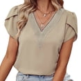 thumbnail image 1 of Blusa de encaje con escote en V y mangas cortas de pétalos de color caqui para mujer de verano: camiseta informal de corte holgado, 1 of 7