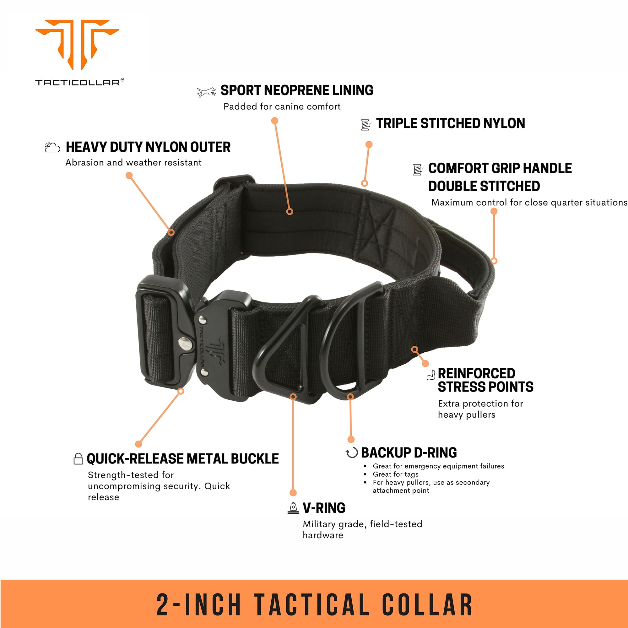 2 inch Tactical Dog Collar with Handle for Medium and Large Dogs, Mil Spec Nylon, Quick-Release Metal Buckle, Neoprene Padded