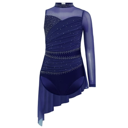 Haitryli Girls Lyrical Figure Skating Dance Dress Glitter Rhinestone Leotard Mesh Skirt Irregluer Hem Competition Dancewear Navy Blue 12