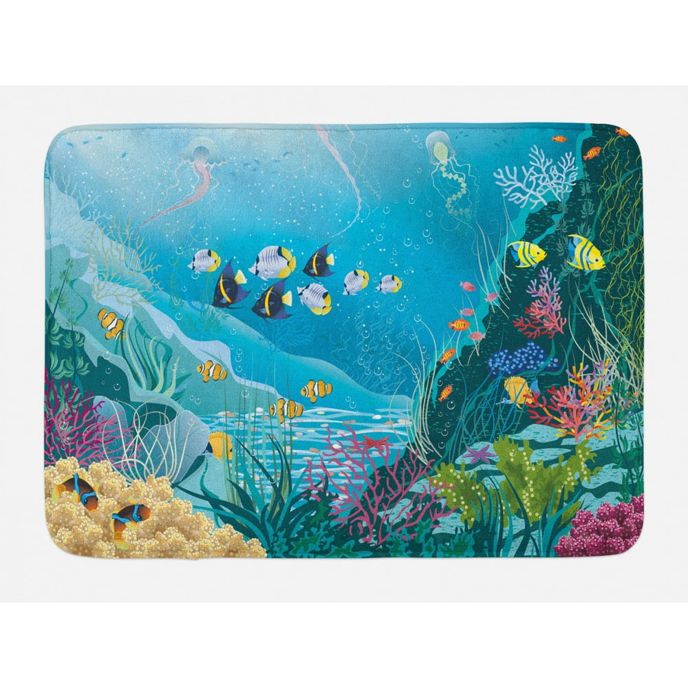 Fish Bath Mat, Underwater Landscape with Tropical Fish and Algae Polyps