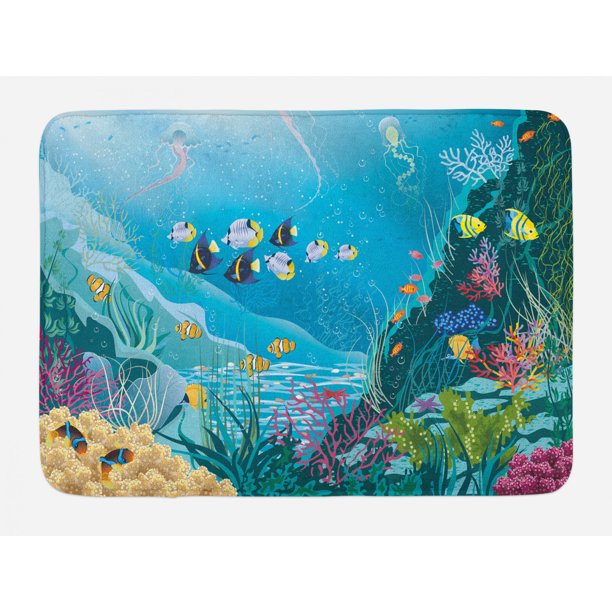 Fish Bath Mat, Underwater Landscape with Tropical Fish and Algae Polyps ...