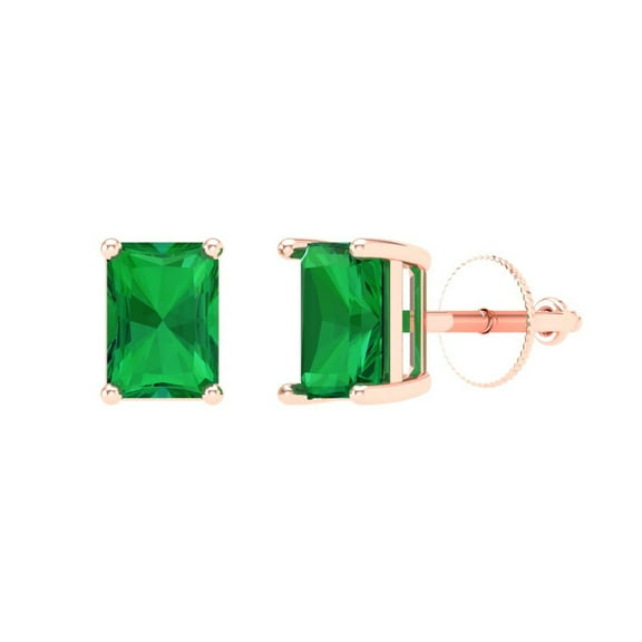 1 ct Screw-Back Stud Earrings for Women | 6x4mm Emerald Cut Simulated Emerald | 18K Rose Gold