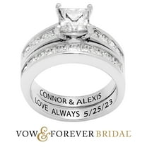Vow & Forever Personalized Planet Bridal Platinum over Sterling Silver Square White Topaz 2 Piece Engraved Wedding Set ,Women's