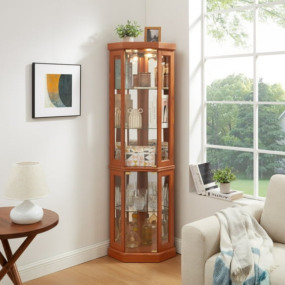 Dark Oak Corner Curio Cabinet with LED Lighted Display, Adjustable Glass Shelves, Mirror Back for Living Room Decor & Collectible Storage, Space-Saving Corner Design