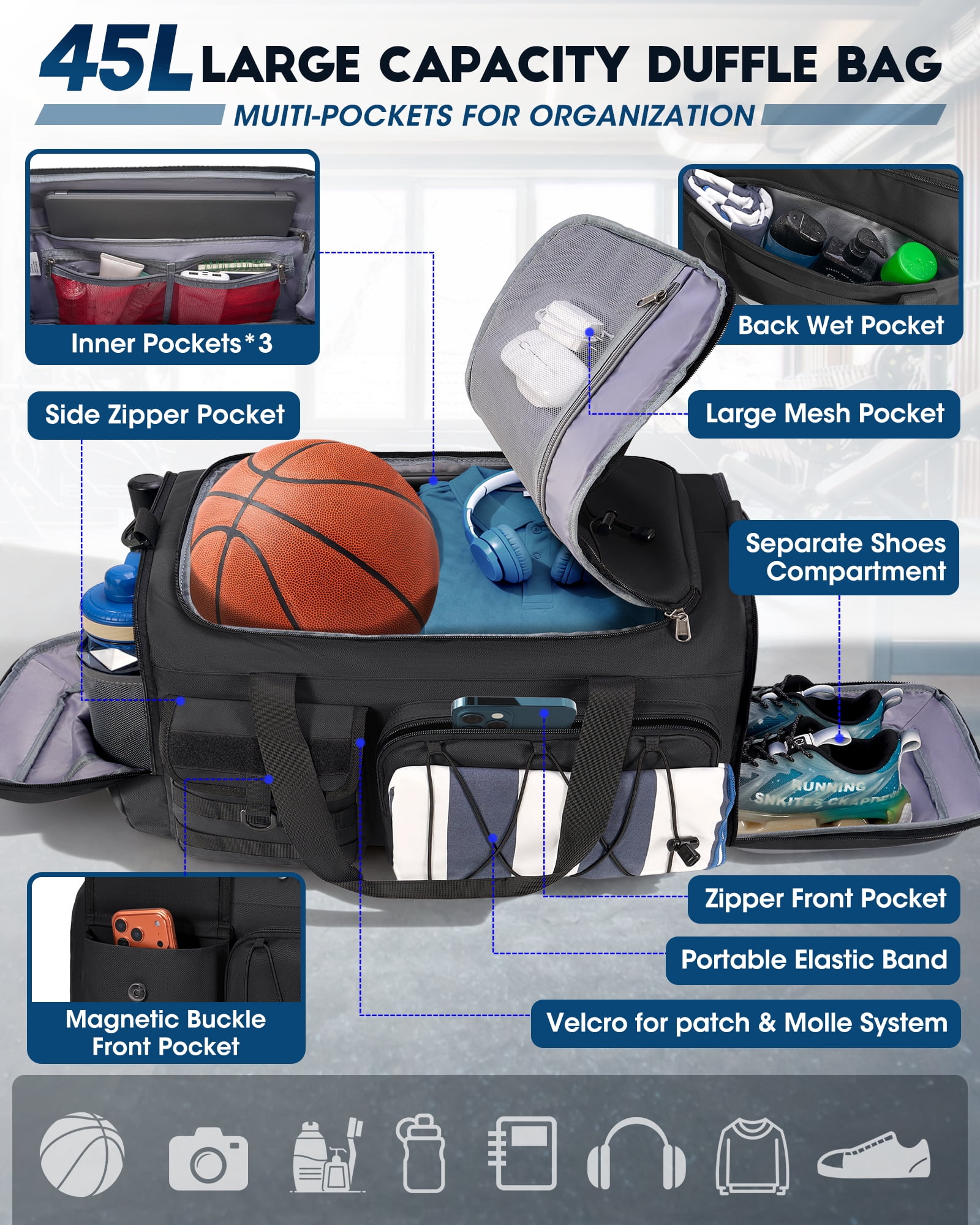 Gym Bag for Men 45L Sports Duffel Bags 3-in-1 Travel Duffel Bag with Shoe Compartment,Gym Workout Backpack Weekender Bag Overnight Bag for Travel, Black