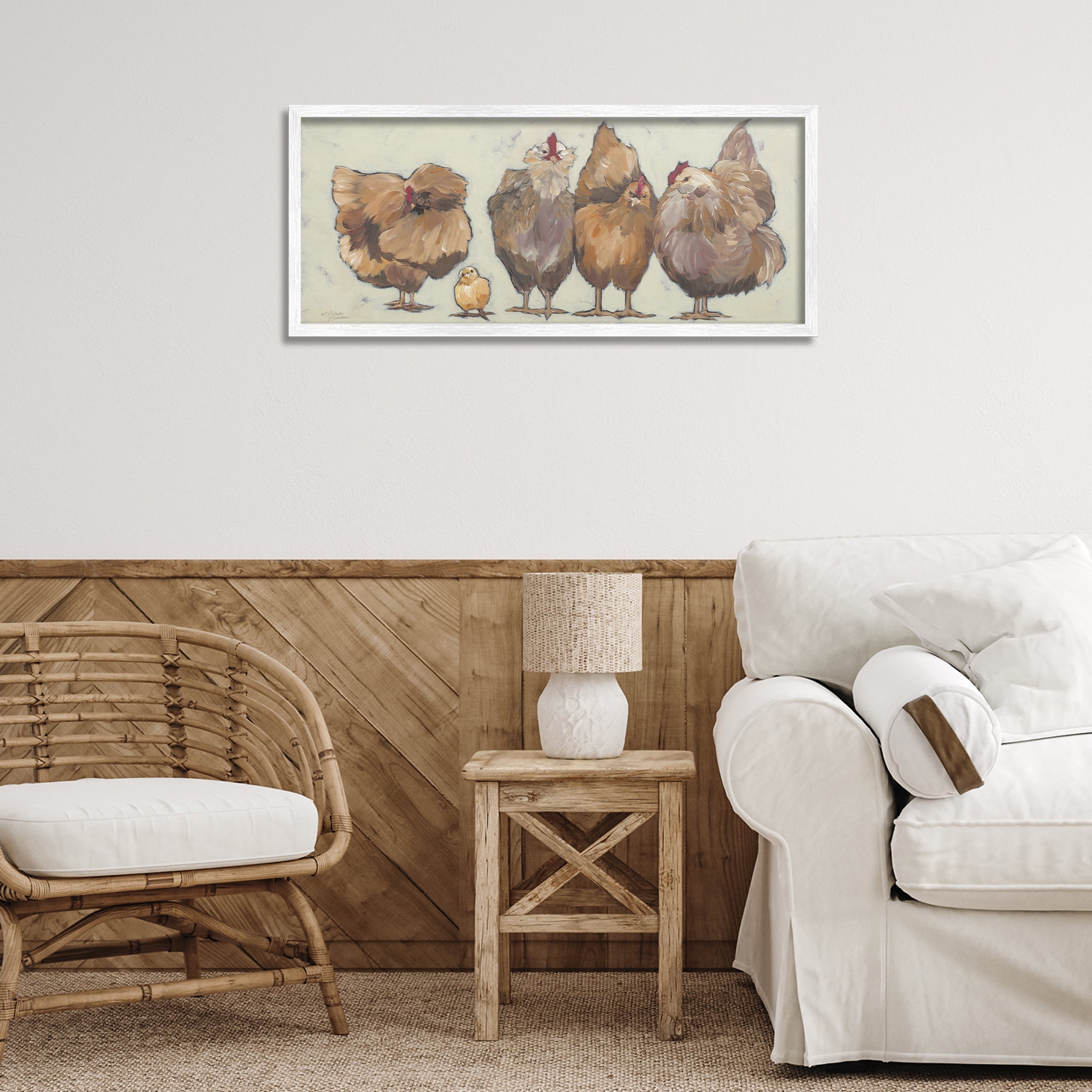 Stupell Industries Brown Hens and Chick Animals & Insects Painting White Framed Art Print Wall Art, 30 x 13