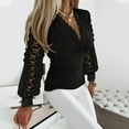 thumbnail image 2 of UYISJ Womens V Neck Lace Lantern Long Sleeve Tops Elegant Surplice Wrap Blouse Casual Ruched Slim Fit T-Shirts, 2 of 7