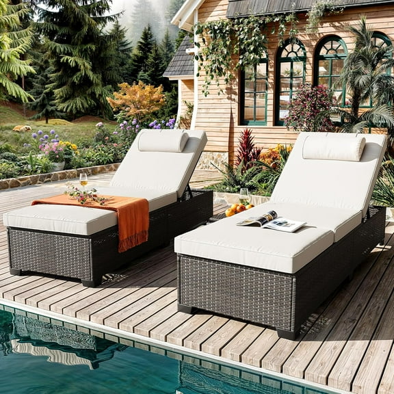 GAOMON Outdoor PE Wicker Chaise Lounge Chairs Set of 2 – Adjustable Brown Rattan Recliners with Cushions and Storage Table for Poolside Relaxation
