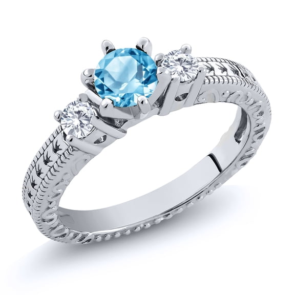 Gem Stone King 0.85 Ct Round Swiss Blue Topaz E-F Lab Grown Diamond 925 Sterling Silver Ring (Size 6)