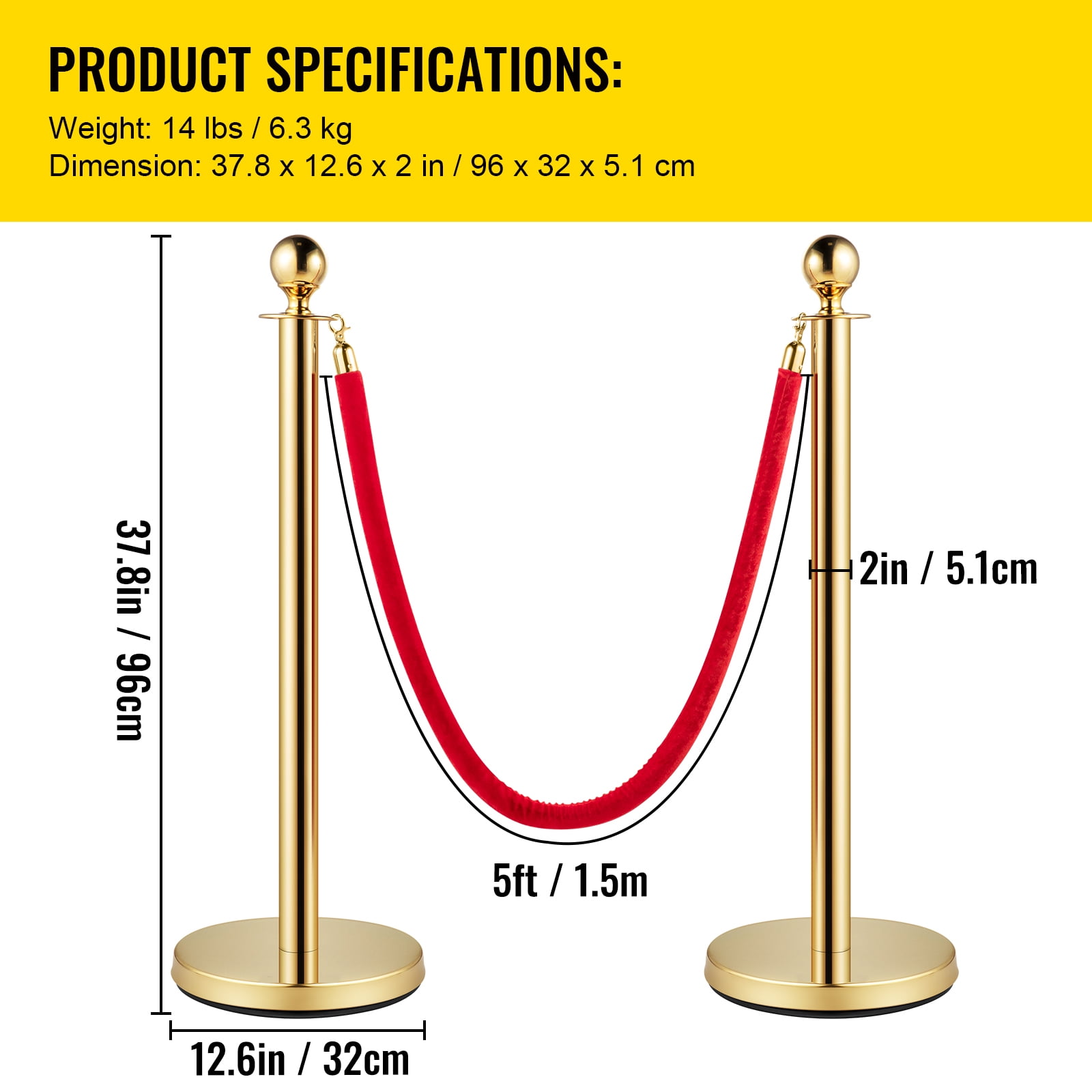 SKYSHALO 4Pcs Stainless Steel Stanchion Posts 2 Red Velvet Ropes Gold 38In Crowd Control Barrier with 5FT Rope for Theaters, Party, Wedding, Exhibition, Ticket Offices, Crowd Control