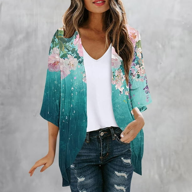 Cárdigan playero para mujer, blusa informal con estampado de manga 3/4, blusa de poliéster para mujer