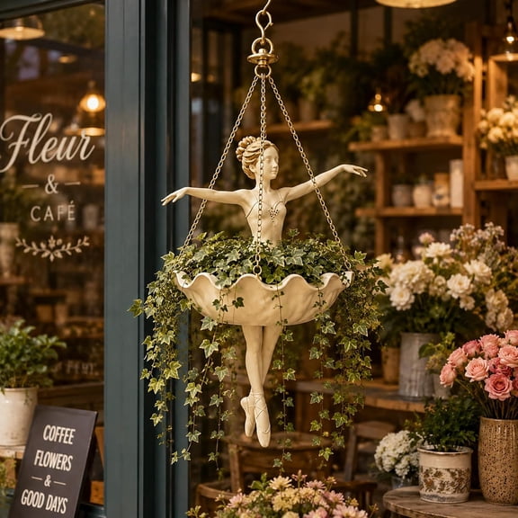 Ballet Dancer Hanging Planter for Succulents Trailing Plants, 5.9 Inch Resin Hanging Flower Pot with Top Hook & Open Bowl, Decorative Plant Holder for Balcony, Entryway and Garden