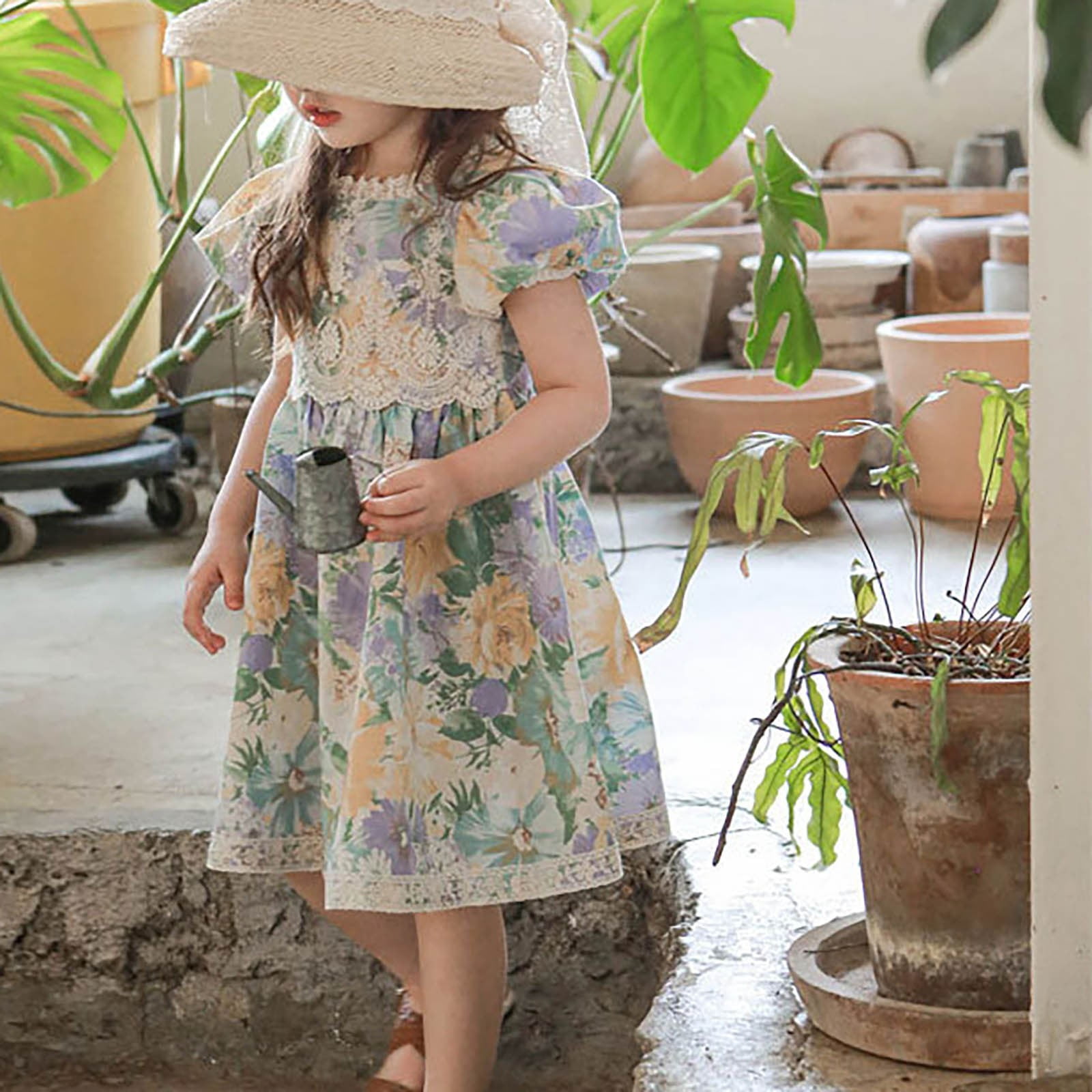 2pcs Toddler Girl Floral Print Ruffled Sleeveless Dress and Straw Hat Set