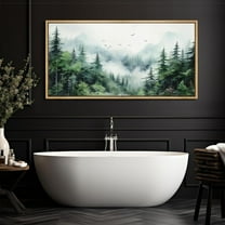 IDEA4WALL Extra Large Framed Canvas Print Wall Art Misty Pines Watercolor Serene Forest Landscape with Flying Birds Antique Retro Modern Art Decorative Relax/Calm for Home Decoration - 60"x30"