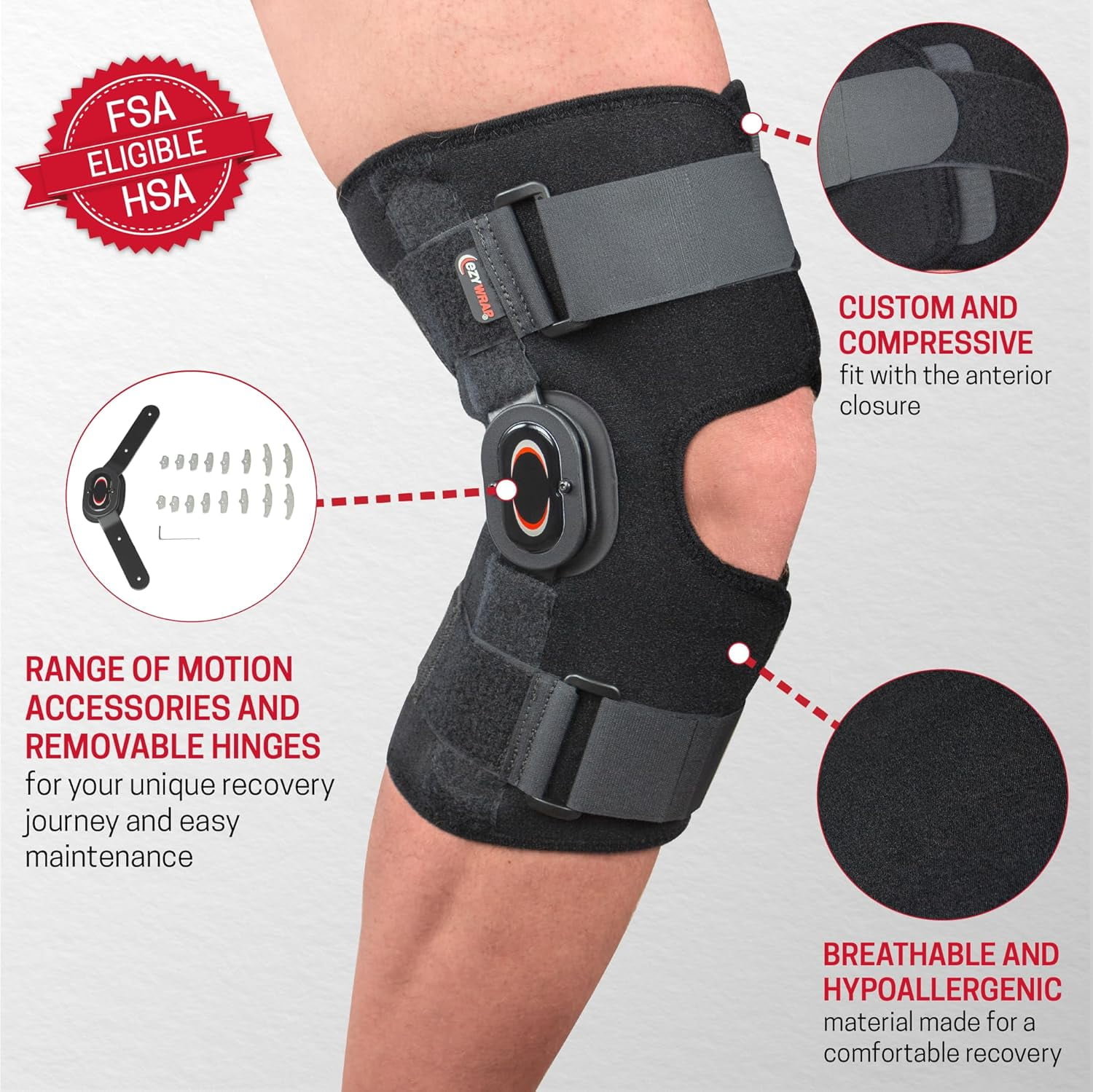 Ezy Wrap Rally Hinged Knee Brace – Fully Adjustable Knee Braces for Knee Pain Relief – Comfortable, Breathable Knee Wraps w/Removable Dual Axis Hinges – Knee Support for Women & Men