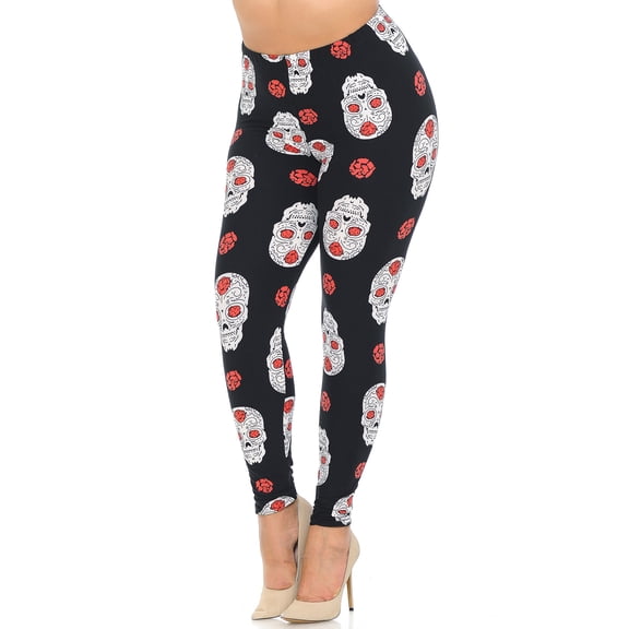 Buttery Soft Rose and Skull Extra Plus Size Leggings - 3X-5X (One Size Plus,Black)
