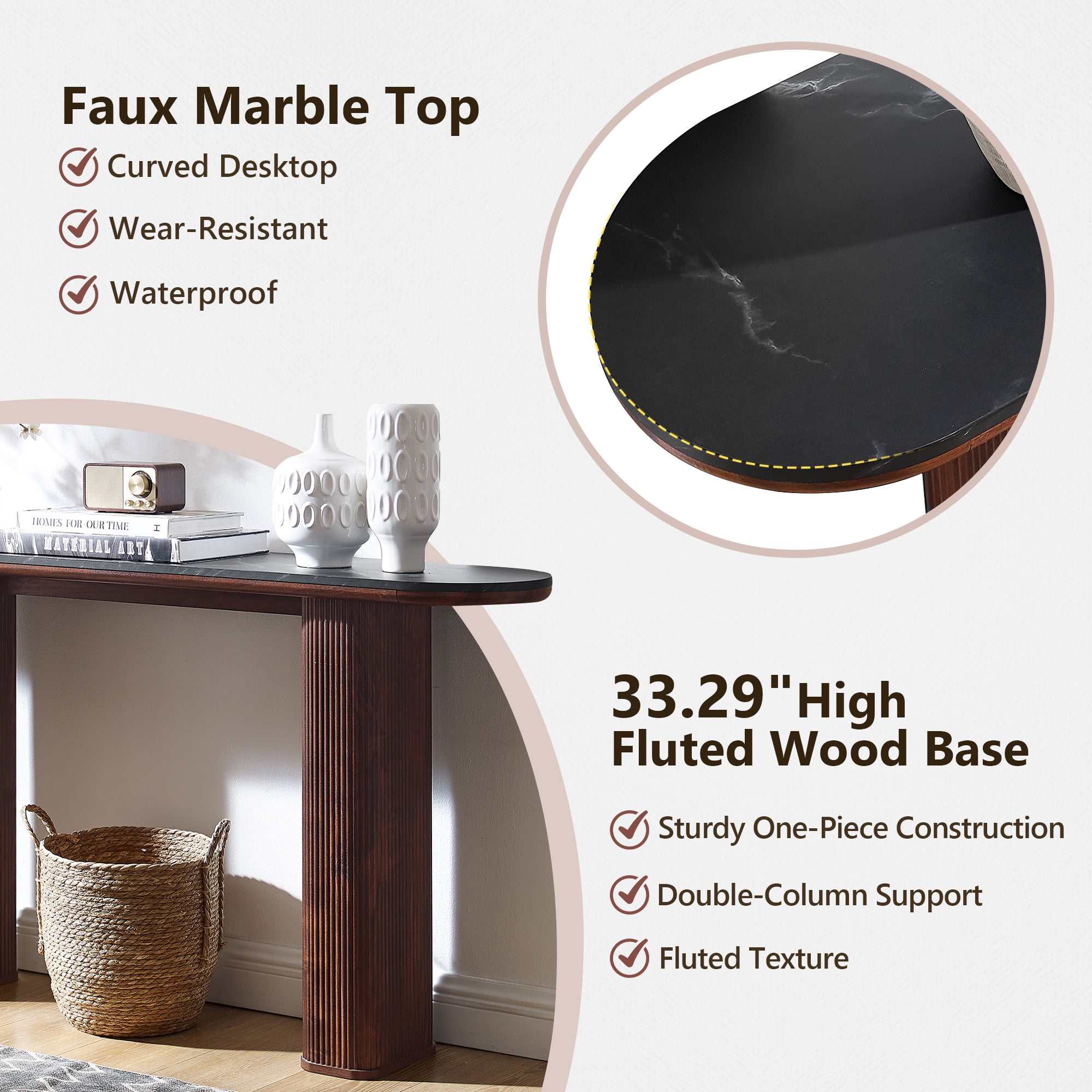 KeyWhat 63" Entryway Console Table with Fluted Wood Base, Modern Sofa Table Behind the Couch for Living Room, Hallway, Entrance, Foyer, Dark Walnut
