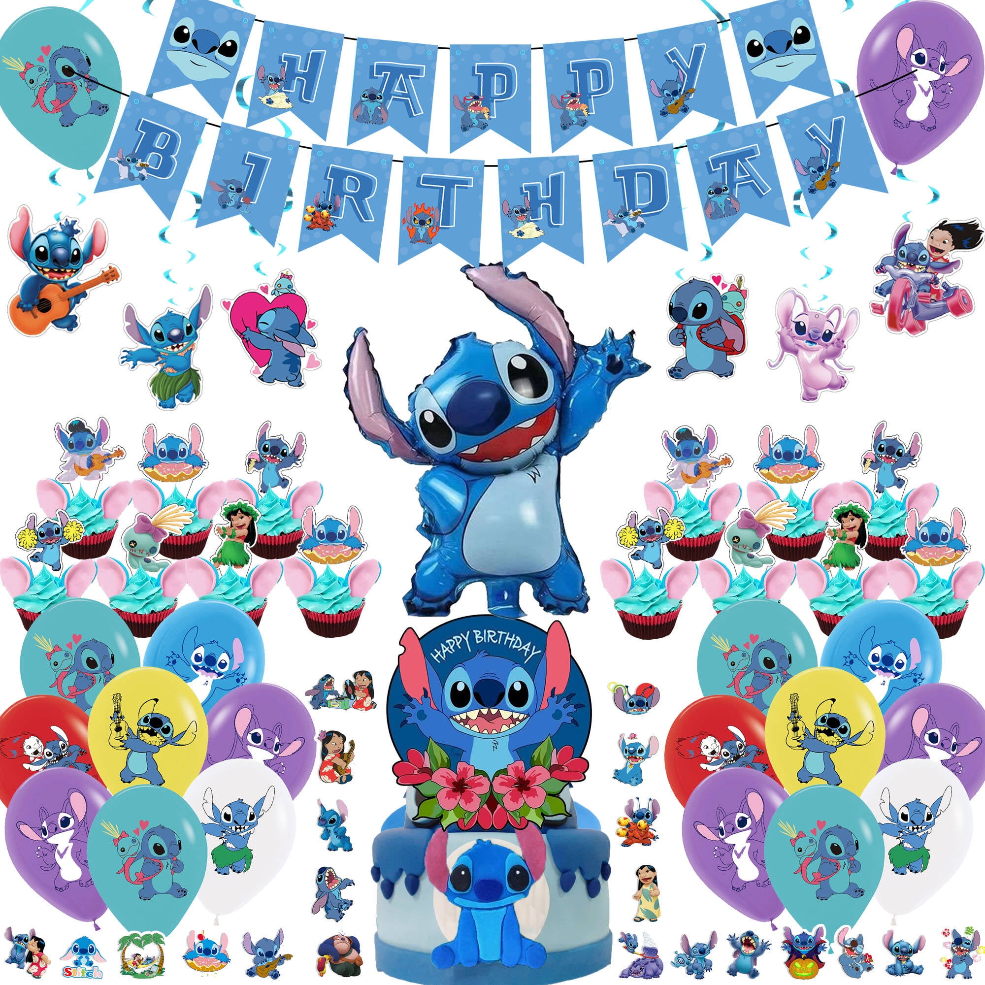 tmroo 102PCS Stitch Party Supplies, Include Banner, Cake Topper, Balloons,  Hanging Swirls for Stitch Party Decorations