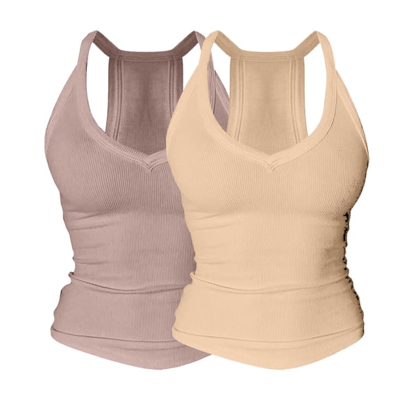 LEKODE Tank Tops for Women 2 Piece Pack Built in Bra Tank Sleeveless Tops Halter Tops Workout Tops Undershirts for Women Tank Shirt Tunic T-shirts Linen Tops for Women Beachy Tops For Brown S