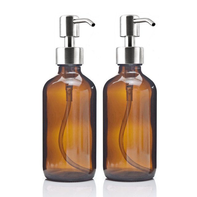 Paquete de 2 botellas dispensadoras gruesas de color ámbar con acero inoxidable plateado TFixol Natural