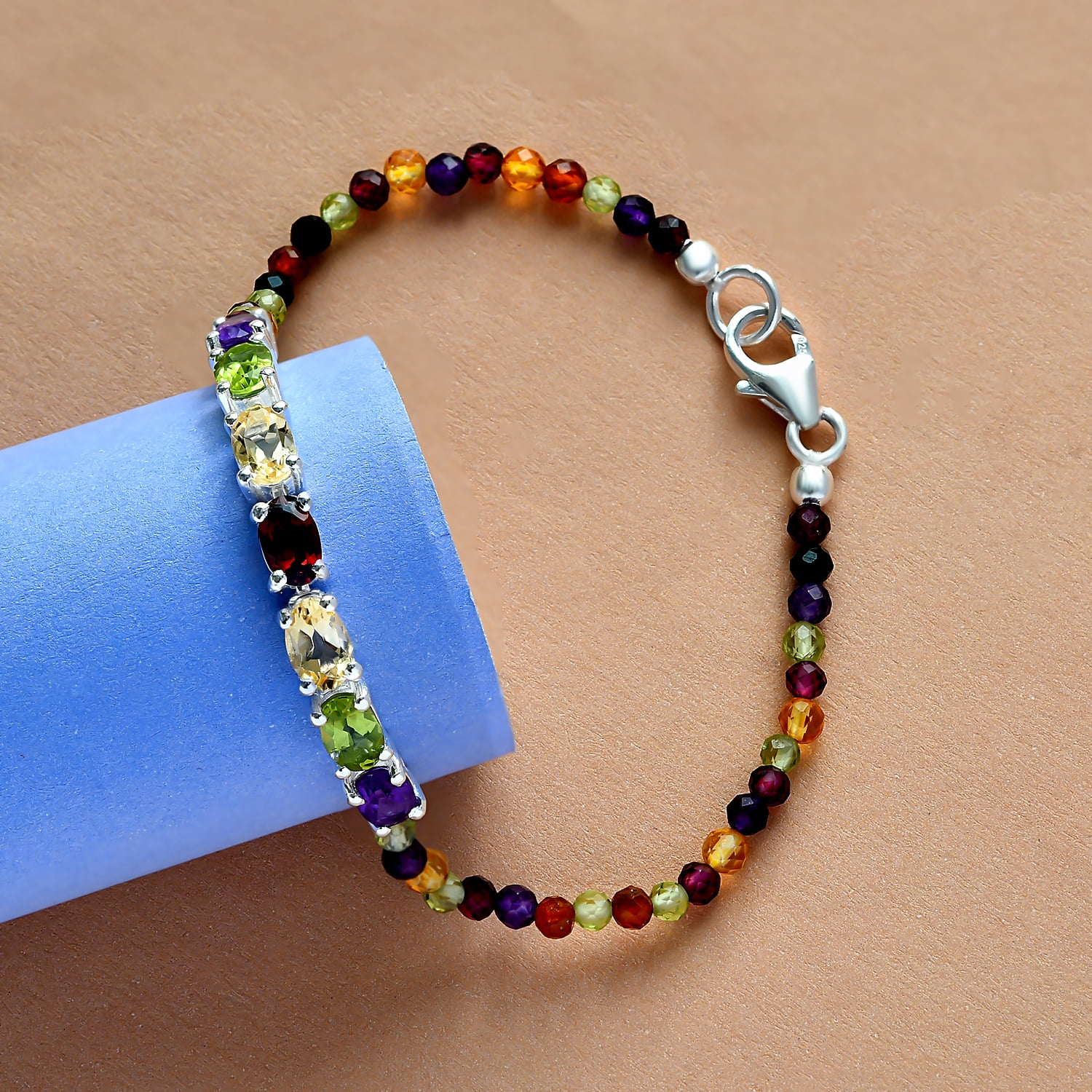 Colorful Bracelet in Sterling Silver - Multicolor Gemstone Bracelets for Women -  Birthstone Jewelry Birthday Christmas Gifts Size - 7.25 Inches