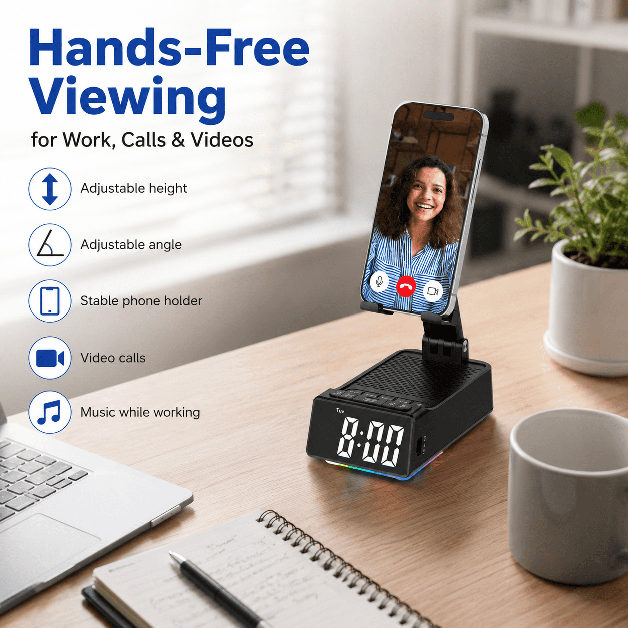 JDMEOPD Cell Phone Stand with Bluetooth Speaker and Alarm Clock, 7-in-1 Phone Holder with LED Clock, RGB Light, USB-C Charging