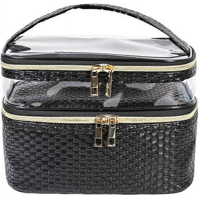 Makeup Bags Double Layer Travel Storage Cosmetic Cases Make-up Organizer Toiletry Bags Water-resistant for Women Makeup Brush Bag,Black Woven Pattern