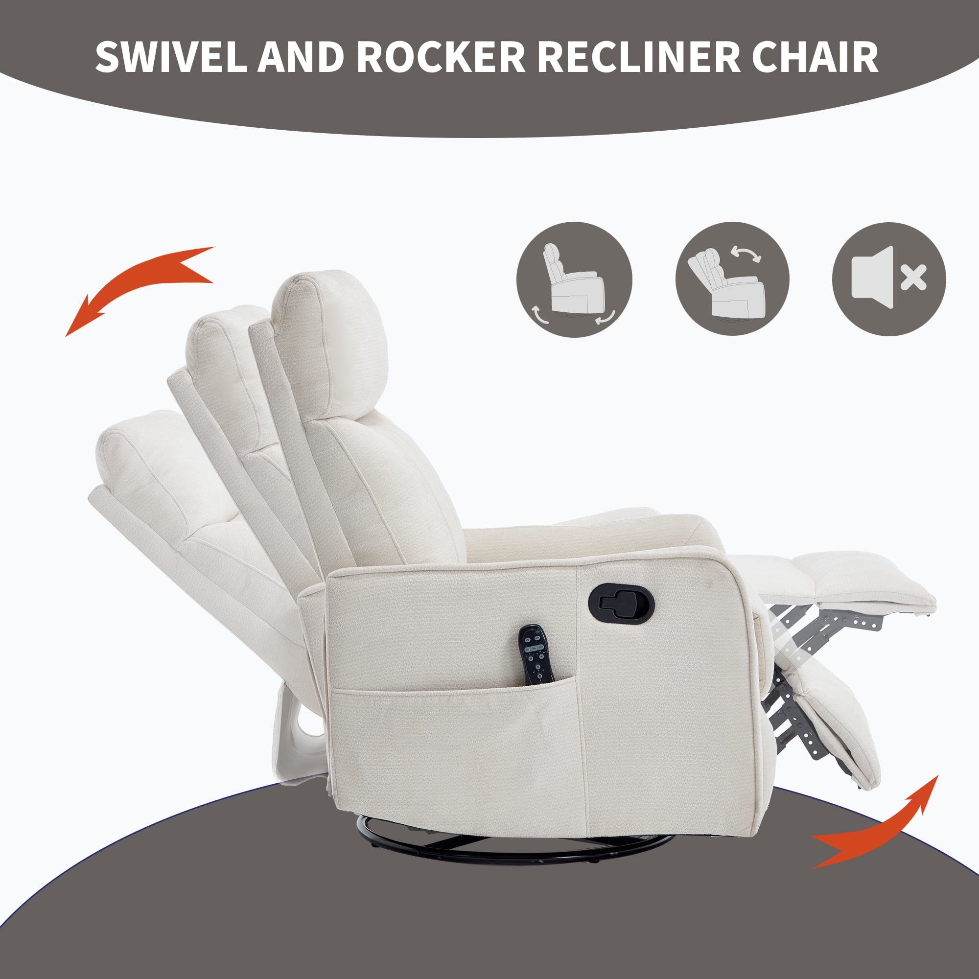 Gewnee Manual Recliner with 360°Swivel Rocker,8-Point Massage Recliner Chair with Heating,Comfy Single Sofa with Side Pockets for Living Room,Bedroom.Beige Chenille