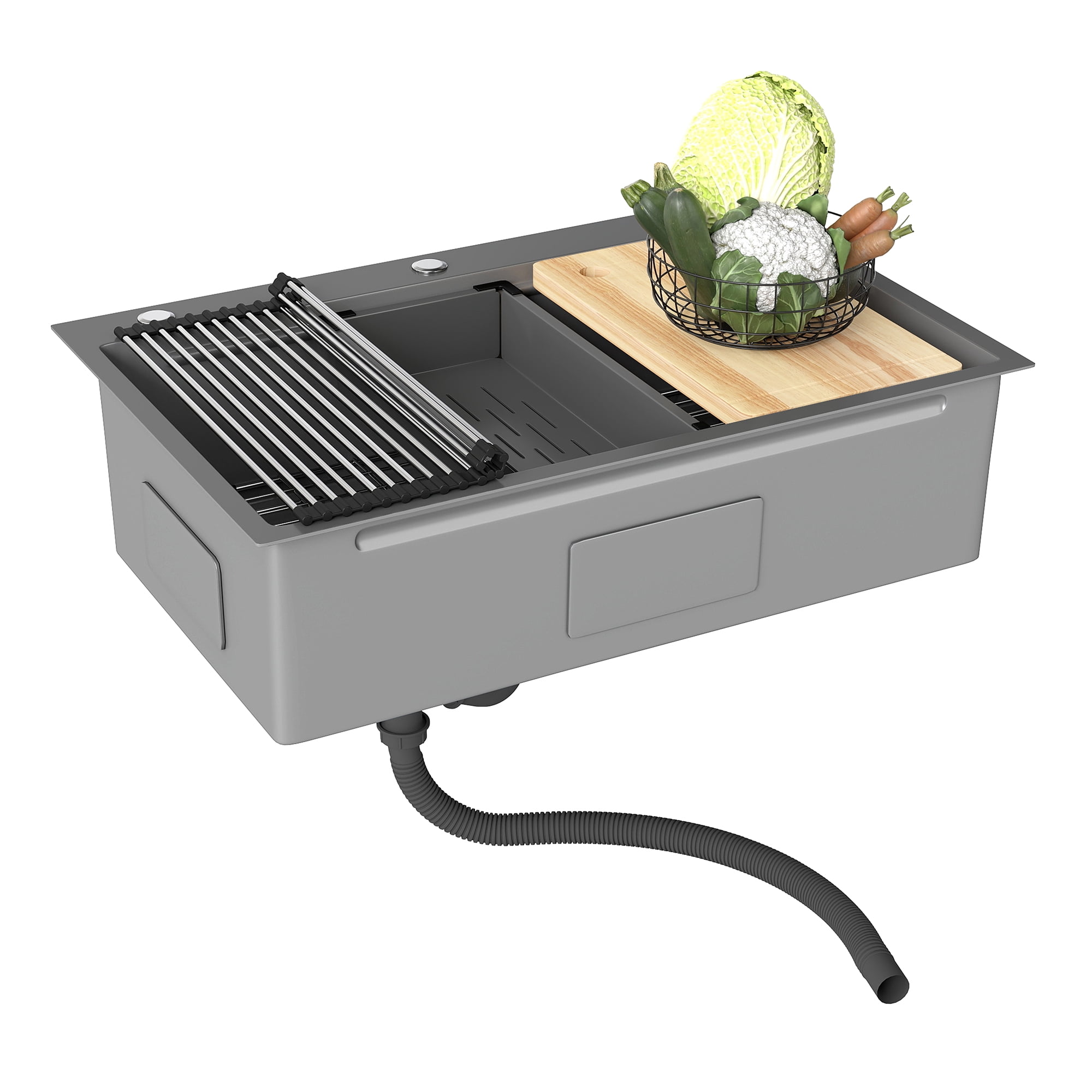 Uforic 33" Drop In Kitchen Workstation Sink, 304 Stainless Steel Single Bowl w/ Accessories, Silver
