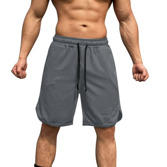 Arnsht Mens Summer Solid Color Elastic Waist Drawstring Waffle Shorts Wide Leg Outdoor Casual Shorts with Pockets Gray M