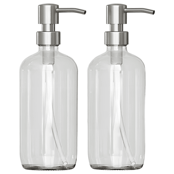 2 Pcs Glass Soap Dispenser Set, 16.9 fl oz / 500 ml Refillable Liquid Dispenser with Silver Metal Pump, Clear Glass Soap Dispenser for Kitchen Bathroom, Shampoo Conditioner Body Wash