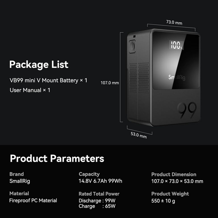 SmallRig VB99 99Wh Mini V-Mount Battery with 65W PD USB-C SmallRig VB99 99Wh Mini V-Mount Battery with 65W PD USB-C