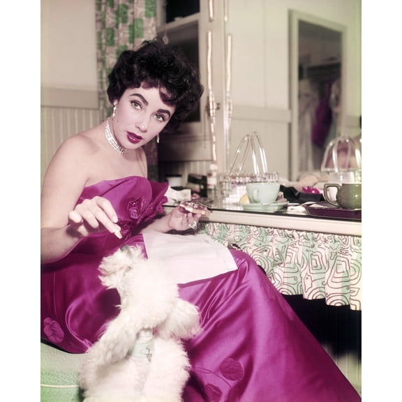 Elizabeth Taylor 24X36 Classic Hollywood Poster Candid With Small Dog In Glamour Outfiting Room 1950's