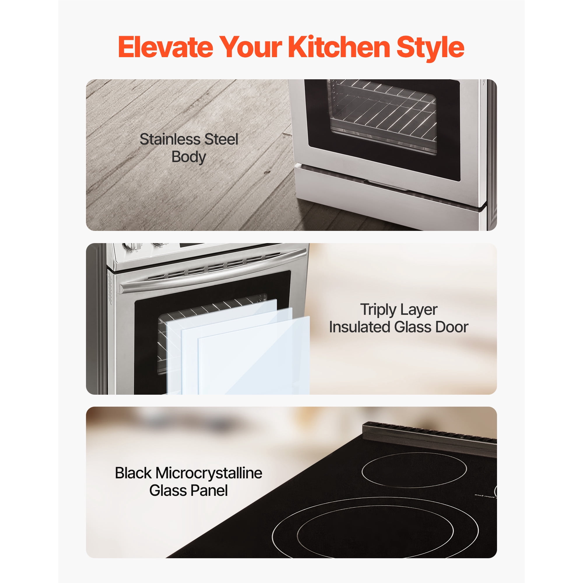 KFFKFF 30-Inch Electric Range Oven, 4.8 Cu. Ft. Freestanding Oven, Stainless Steel Kitchen Stove with 5 Cooking Zones, Timer, Self-Cleaning, Adjustable Racks, and Storage Drawer