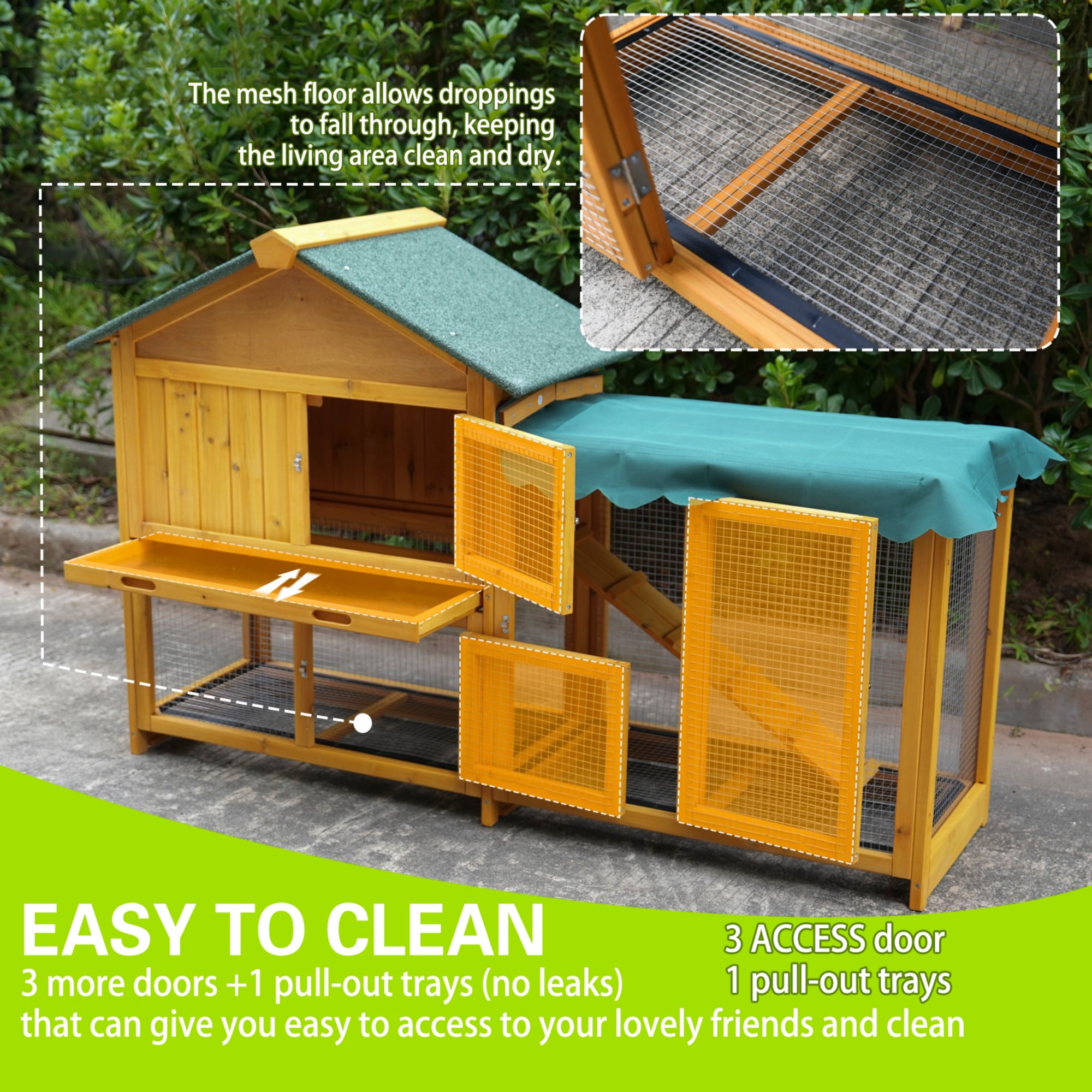 BOFANG 2-Story Wooden Rabbit Hutch Outdoor with Waterproof Roof, Removable Tray & Sunshade