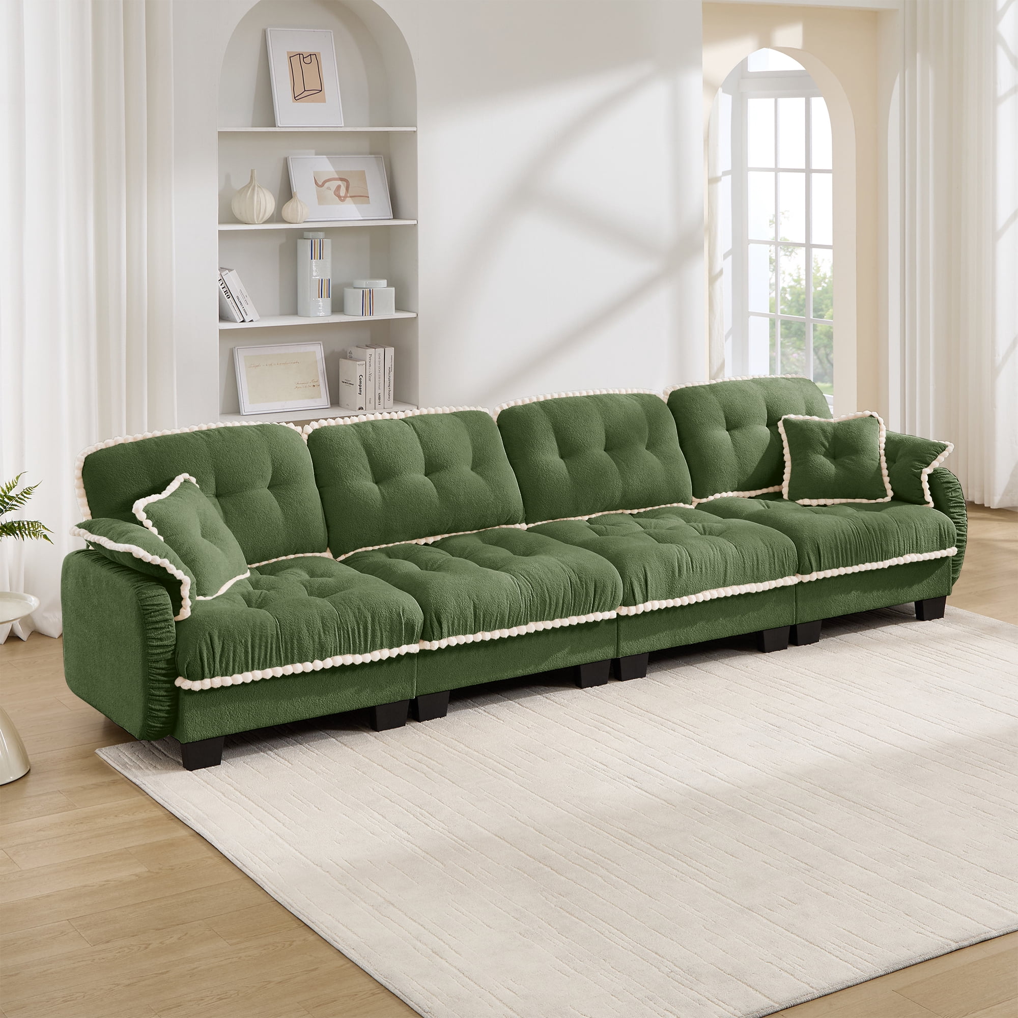 Anpport Modern Aesthetic Green 4-Seater Sofa, Quilted Tufted Couch with Pom-Pom Trim, Includes 4 Throw Pillows for Apartment, Office & Living Room