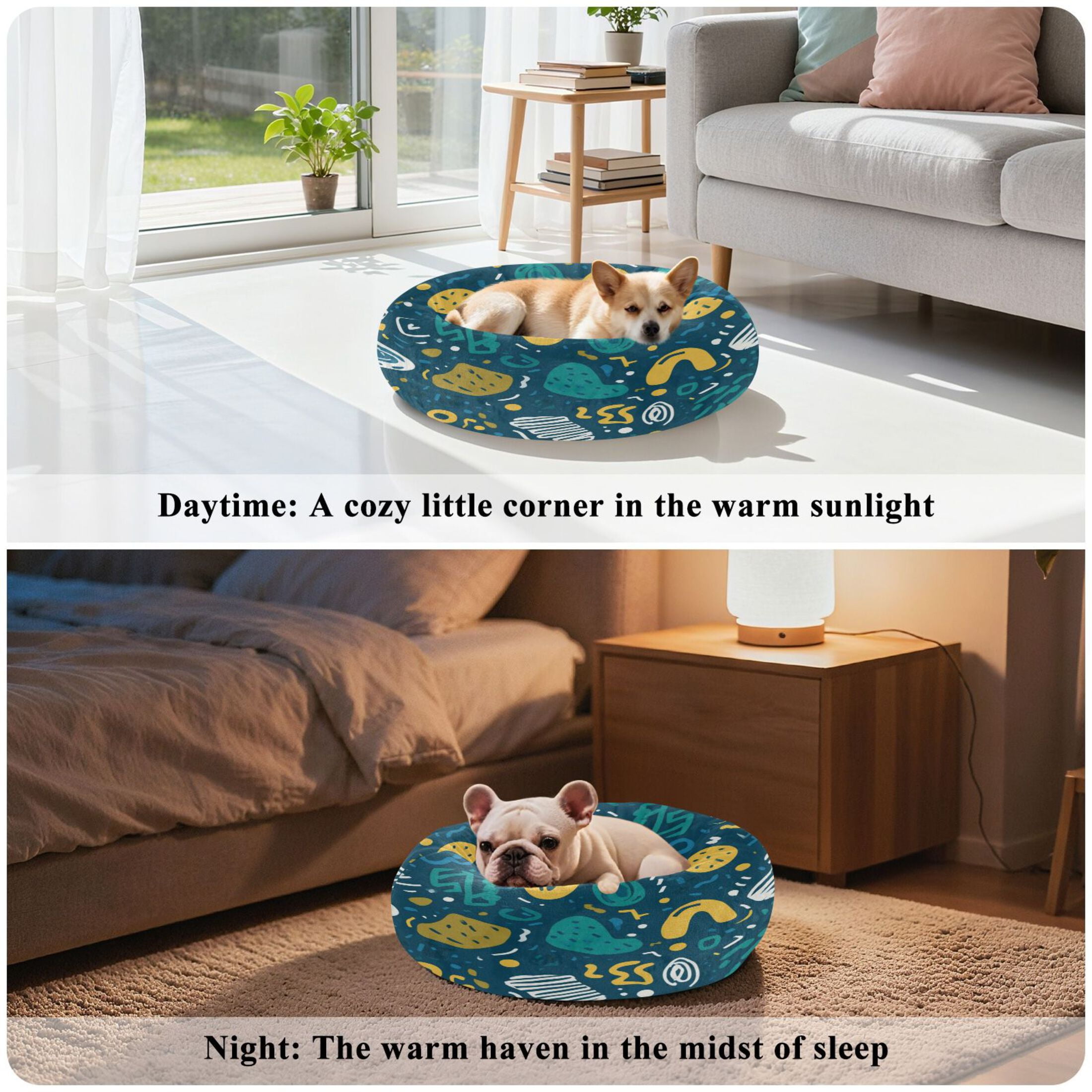 Iauyy Pet Couch Donut Cat Bed for Indoor Cats/Small Dogs Washable & Machine with Non-slip Bottom Calming Cat Furniture, Teal Mustard Yellow (M)