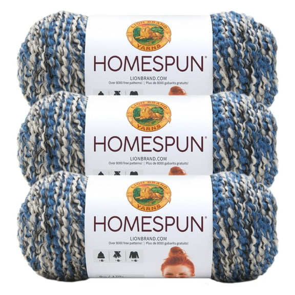 Lion Brand Yarn Homespun Blue Moon, grey & blue mixed yarn, 790-602C Bulky Acrylic, Polyester Yarn 3 Pack