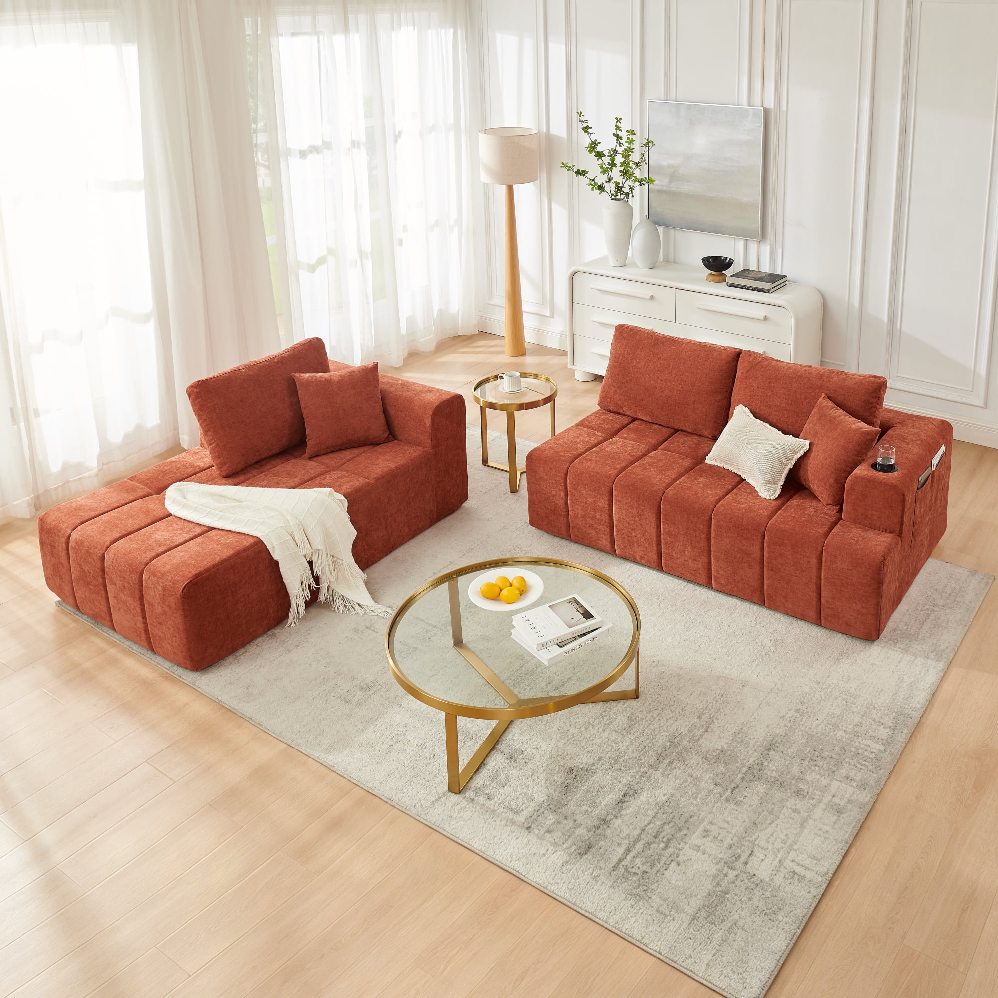 Leumius 108" L-Shaped Sectional Sofa,Chenille Boneless Couch, Modern 3-Seat Upholstered Cloud Couch Sectional with Deep Seat and Cup Holders for Living Room,No Assembly Required,Orange