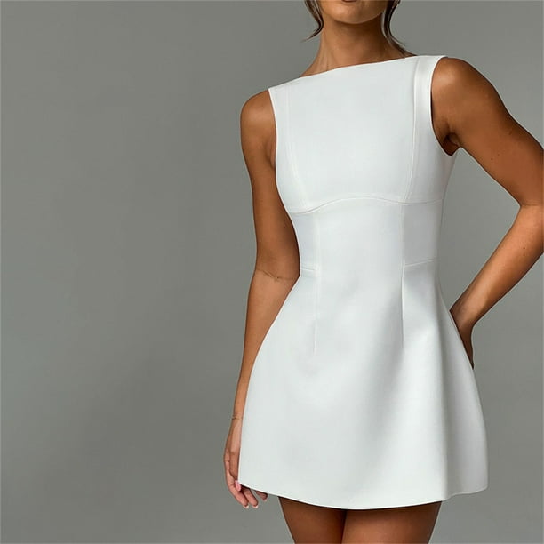 Vestido corto negro sin mangas para mujer, minivestido elegante, ajustado, liso, cuello redondo, Espalda descubierta, corte en A, para oficina y Noche