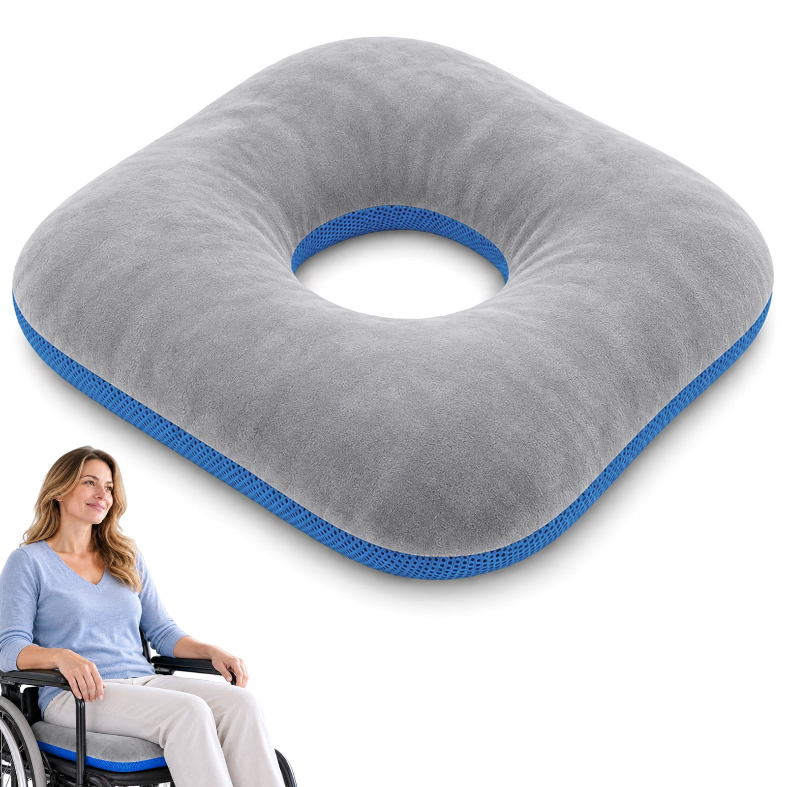 Pressure Comfort Seat Cushion for Wheelchair, Adjustable Donut, Grey, Cooling Skin-Friendly Front, 3D Honeycomb Air Layer, PE Tube Filling, Washable Cover, 16.5 x 16.5 in