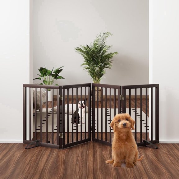 Semiocthome Wood Foldable Dog Gates for Doorway, Freestanding Pet Gate for Stairs,74" W Brown