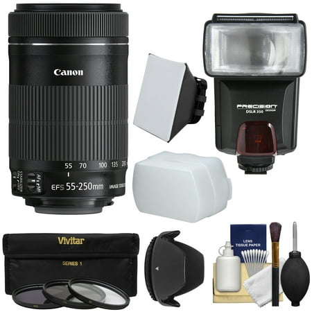 Canon EF-S 55-250mm f/4.0-5.6 IS STM Zoom Lens with Flash + 3 Filters + Diffusers + Hood + Kit for EOS 70D, Rebel T3, T3i, T4i, T5, T5i, SL1 DSLR