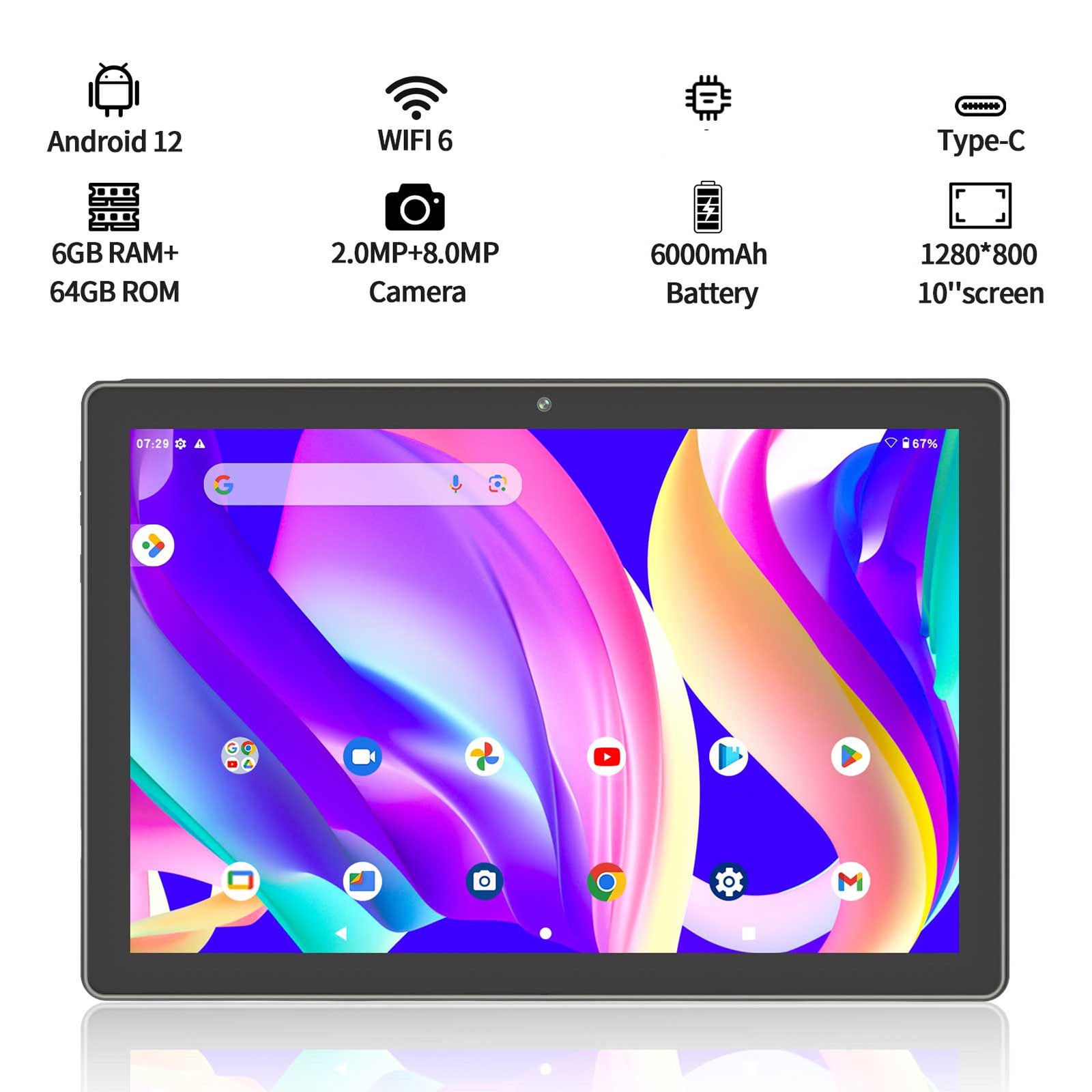 10.1-Inch Android 12 Tablet with 6GB+64GB, 1TB Expandable, IPS HD Screen, WiFi 6, Bluetooth 5.2, Dual Camera, 6000mAh Battery