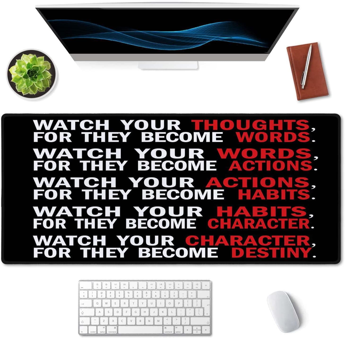 Watch Your Thoughts Motivational Words Quotes Mouse Pad 35.5 X 15.7 Inch XXL Full Desk Mousepad Extended Large Non-Slip Rubber Base Waterproof Big Keyboard Mat with Stitched Edges for Office
