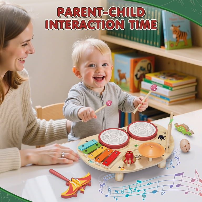 Oroliving Wooden Drum Set for Toddlers, 9-in-1 Musical Instruments photo 5