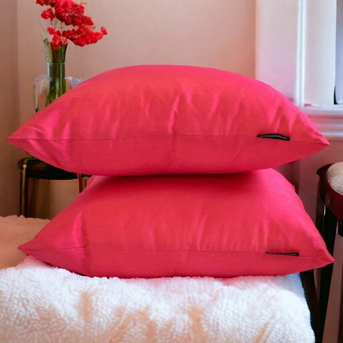 The HomeCentric Decorative Throw Pillow covers Pink & Orange Pack of 2, 16"x16" (40x40 cm) Silk Solid Pillowcase For Sofa Chouch, Hotels, living, Bed Room, Solid Modern Style - Pink Orange Luxury